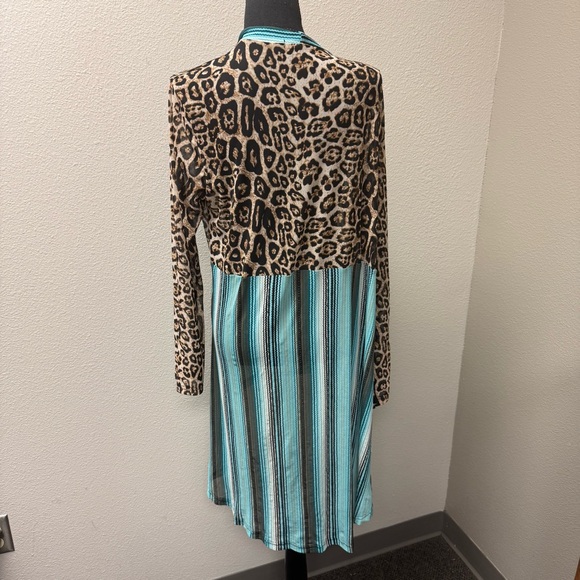 Crazy Train Leopard Serape Cardigan L Teal Western Boho Duster Open Front - Picture 4 of 7